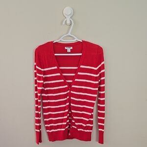 Old Navy 100% Cotton Red and White Striped Cardigan Sweater Size Medium